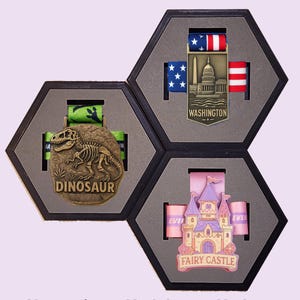 May include: Three hexagonal display cases with medals. One medal features a dinosaur skeleton, another the Washington D.C. Capitol building, and the third a fairy castle. Each medal has a ribbon. The text at the bottom reads "Magnetic • Modular • Modern."
