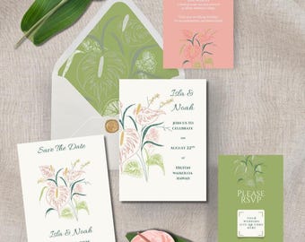 May include: A wedding stationery set featuring a Save the Date card, invitation, details card, and RSVP card with a QR code. The designs include pink anthurium illustrations, green foliage, and white envelopes with green botanical liners.