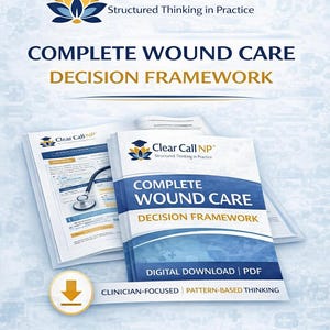 Può includere: Una pila di materiali stampati con il titolo "COMPLETE WOUND CARE DECISION FRAMEWORK". La copertina presenta il logo "Clear Call NP" e il testo "DIGITAL DOWNLOAD | PDF". Lo sfondo è azzurro e bianco.