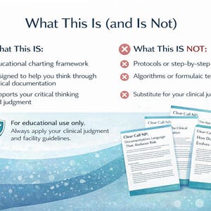 May include: An educational graphic titled "What This Is (and Is Not)". The image lists what the framework is and is not, including an educational charting framework and clinical documentation. Several documents are shown with the text "Clear Call NP".