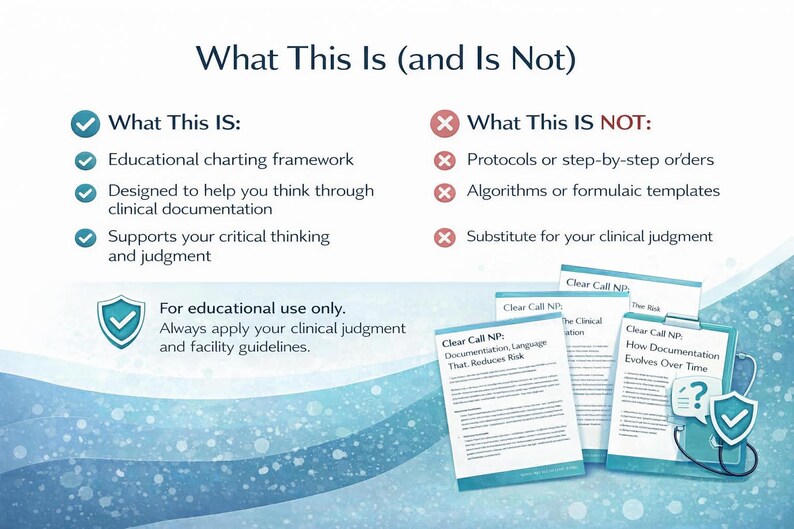 May include: An educational graphic titled "What This Is (and Is Not)". The image lists what the framework is and is not, including an educational charting framework and clinical documentation. Several documents are shown with the text "Clear Call NP".