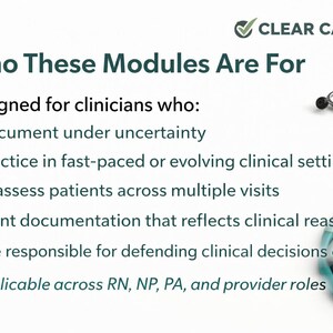 May include: A white graphic with teal text and a stethoscope. The text reads "Who These Modules Are For" and lists criteria for clinicians, including documenting under uncertainty and defending clinical decisions. The Clear Call NP logo is in the top right.