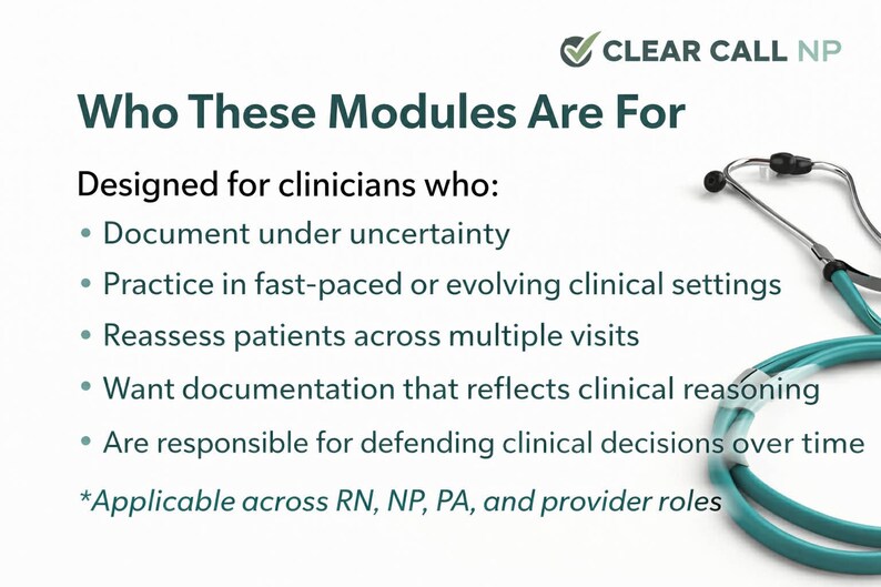 May include: A white graphic with teal text and a stethoscope. The text reads "Who These Modules Are For" and lists criteria for clinicians, including documenting under uncertainty and defending clinical decisions. The Clear Call NP logo is in the top right.