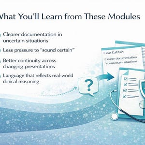 May include: An image with the text "What You'll Learn from These Modules" and bullet points. The image includes a stack of papers, a shield with a checkmark, and a stethoscope. The text on the papers reads "Clear Call NP: Clearer documentation in uncertain situations."
