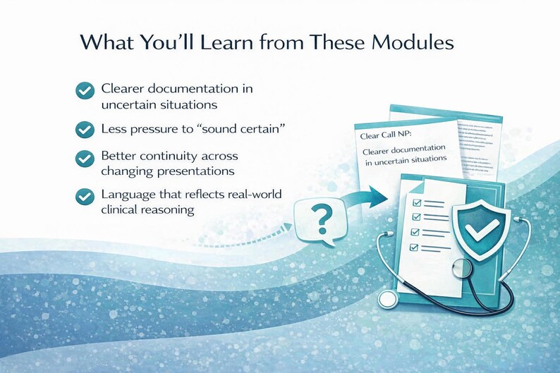 May include: An image with the text "What You'll Learn from These Modules" and bullet points. The image includes a stack of papers, a shield with a checkmark, and a stethoscope. The text on the papers reads "Clear Call NP: Clearer documentation in uncertain situations."