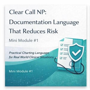 May include: A white and teal graphic with the text "Clear Call NP: Documentation Language That Reduces Risk." A shield with a checkmark and a stethoscope are on the right. The text "Practical Charting Language for Real World Clinical Situations" is also present.