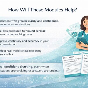 May include: An image showing a healthcare professional with a clipboard, accompanied by text stating "How Will These Modules Help?" and benefits such as improved documentation. Two documents are also visible.