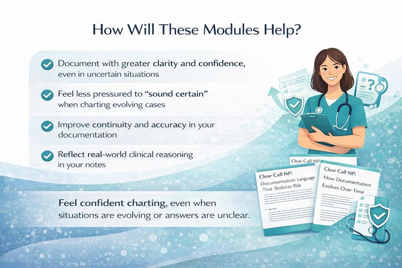 May include: An image showing a healthcare professional with a clipboard, accompanied by text stating "How Will These Modules Help?" and benefits such as improved documentation. Two documents are also visible.