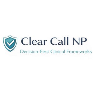 May include: The image shows the text "Clear Call NP" in a dark blue font, with "Decision-First Clinical Frameworks" in a lighter blue font below. A shield icon with a checkmark is on the left.