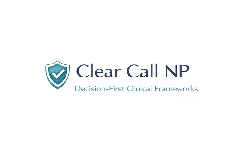 May include: The image shows the text "Clear Call NP" in a dark blue font, with "Decision-First Clinical Frameworks" in a lighter blue font below. A shield icon with a checkmark is on the left.
