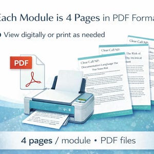 May include: A printer with several printed pages and a PDF icon. The pages display text about "Clear Call NP" and risk documentation. The image text states that each module is 4 pages in PDF format, viewable digitally or for print.