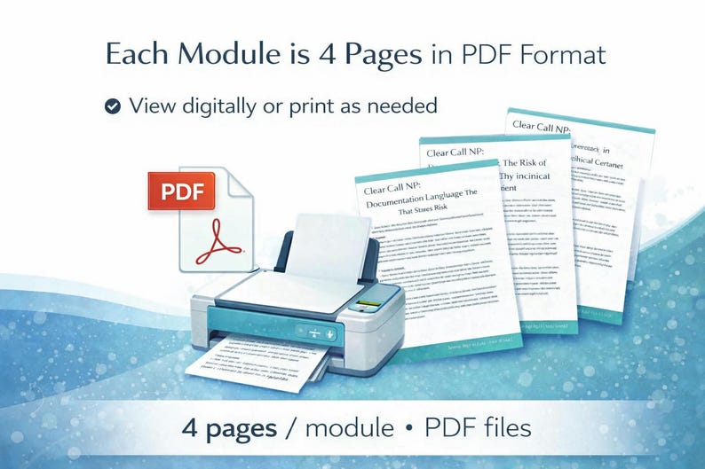 May include: A printer with several printed pages and a PDF icon. The pages display text about "Clear Call NP" and risk documentation. The image text states that each module is 4 pages in PDF format, viewable digitally or for print.