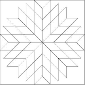 May include: A black and white geometric design featuring a starburst pattern. The design is composed of numerous diamond and chevron shapes, creating a symmetrical, radial composition. This design is suitable for quilting or other craft projects.