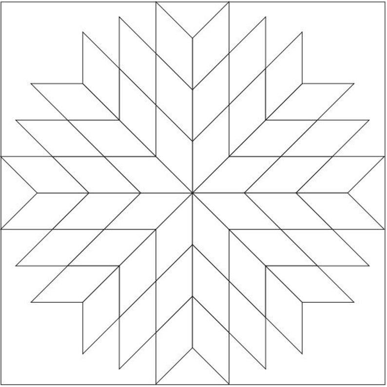 May include: A black and white geometric design featuring a starburst pattern. The design is composed of numerous diamond and chevron shapes, creating a symmetrical, radial composition. This design is suitable for quilting or other craft projects.