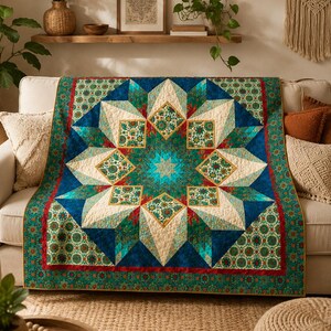 Op de afbeelding: Een rechthoekige quilt met een groot centraal sterpatroon in tinten diepblauw, taling en crème. Het ontwerp bevat ingewikkelde bloemmotieven, geometrische vormen en een decoratieve rand met een herhalend patroon in groen en rood.