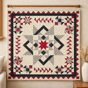 May include: A cream-colored quilt with a geometric design, featuring red, black, and gray shapes. The quilt has a central star motif, surrounded by triangles and squares. The border is a dark red with small triangles.