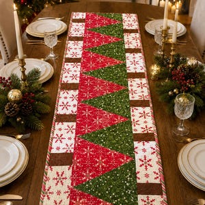 May include: A rectangular quilted table runner featuring a central pattern of alternating red and green triangles with white snowflake motifs. The border consists of white fabric with red snowflakes and brown squares, finished with a candy cane striped trim.