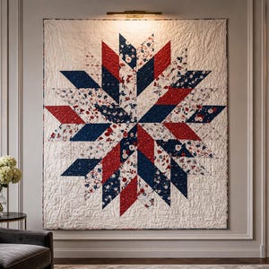 Pode incluir: Uma colcha quadrada grande com um padrão de estrela central composto por segmentos de tecido floral vermelho, azul-marinho e branco. A colcha tem um fundo texturizado em tom branco sujo com costuras intrincadas em toda a superfície.