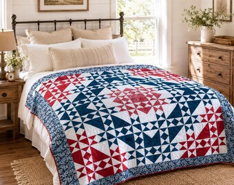 Patriotic Star Quilt Pattern PDF. Red White Blue Americana Quilt Design