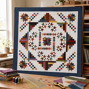 May include: A square quilt featuring a white background with a central multicoloured star, surrounded by geometric patterns of triangles and squares in red, green, blue, and yellow, all framed by a solid dark navy blue border.