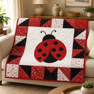 May include: A quilted blanket featuring a central white square with a large red and black ladybird appliqué. The border consists of alternating red floral and black triangular fabric patches, with intricate swirling stitch patterns throughout.
