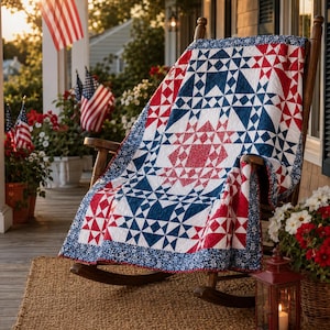 May include: A quilt featuring a geometric star pattern in red, white, and blue fabric. The design consists of intricate triangles and squares arranged in a symmetrical layout, finished with a dark blue floral border draped over a wooden rocking chair.