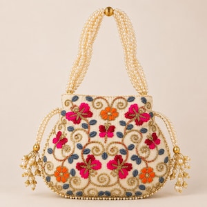 Embroidered Mini Potli Bag Pearl Handle Wedding Bag Gift Idea for Her Indian Wedding Accessory Bridesmaid Gift Potli Bag Ethnic Mini Bag