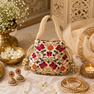 May include: A cream-colored handbag featuring intricate floral embroidery in shades of red, orange, and blue, accented with a handle and side tassels made of white faux pearls. The bag has a structured shape with gold-toned metal hardware details.