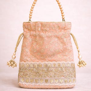 Peach Pearl Embroidered Evening Potli Bag Gold Lace Bag for Wedding Bridal Purse Embroidered Potli Gift for Her Indian Wedding Bag Gift Idea