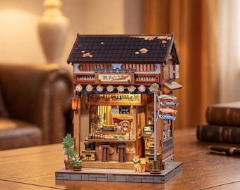 Casa japonesa en miniatura, rincón de lectura, tienda de sushi con LED, diorama, estantería, regalo para Pascua, Día de la Madre, cumpleaños, primavera y verano.