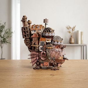 Peut inclure: Maquette en bois détaillée d'une structure fantastique en forme d'oiseau, avec des bâtiments miniatures, des tours et des éléments mécaniques. Le modèle est principalement marron avec des accents rouges et gris, posé sur une surface en bois.