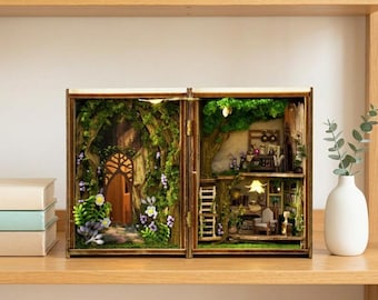 Woodland Book Nook Light Miniature Forest Cottage Bookshelf Insert Fairy Decor Reading Gift Easter Mothers Day Birthday Spring Summer Home