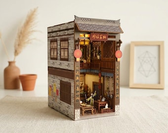 Kit de bricolaje en miniatura para rincón de lectura de casa de té china, rompecabezas 3D de madera, estantería con luz LED, diorama de calle asiática, regalo para amantes de los libros.