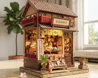 Kit de casa miniatura DIY estilo rincón de lectura japonés, rompecabezas 3D de madera, estantería con luz LED, diorama callejero para casa de muñecas, regalo para amantes de los libros.