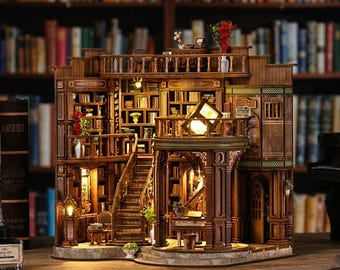 DIY träbokskrok kit LED miniatyrbibliotek bokhandel dockhus bokstöd bokhylla dekor present till bokälskare