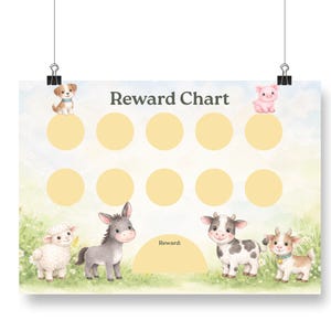 May include: A watercolor reward chart featuring a light blue sky background with a grassy field. The chart has a title "Reward Chart" and includes illustrations of a dog, pig, sheep, donkey, cow, and goat. There are 10 yellow circles for tracking.