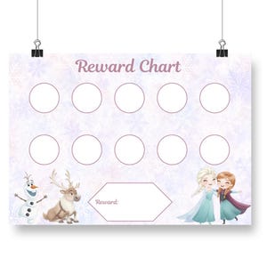 May include: A reward chart featuring characters from the film Frozen. The chart has ten circles for tracking progress, a space for a reward, and illustrations of Olaf, Sven, Elsa, and Anna. The background is light purple with snowflake patterns.