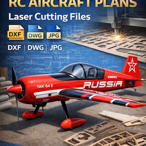 May include: A red and white YAK-54 E RC airplane model with the word "RUSSIA" on the side. The image includes laser cutting files in DXF, DWG, and JPG formats, and the text "For CNC & Laser Cutting DIY RC Airplane Model".