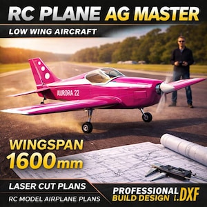 May include: A pink and white RC plane labeled "AURORA 22" with a wingspan of 63 inches. The image includes the text "RC PLANE AG MASTER" and "LOW WING AIRCRAFT". Also shown are laser cut plans for RC model airplanes.