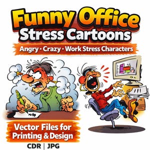 Peut inclure: Image de dessin animé avec le texte "Funny Office Stress Cartoons". L'image représente deux employés de bureau stressés. L'un écrit furieusement, l'autre crie devant un ordinateur. Le texte "Angry, Crazy, Work Stress Characters" est inclus.