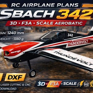 May include: A model RC airplane with a red, black, and white color scheme. The plane has a wingspan of 1240 mm and a flying weight of approximately 1350 g. The text on the plane reads "SBACH 342" and "THUNDERVOLT". The image also includes the text "RC Airplane Plans".
