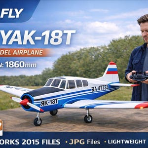 Op de afbeelding: RC Yak-18T schaalmodelvliegtuig met een spanwijdte van 186 cm. Het wit, blauw en rood gekleurde vliegtuig heeft een propeller en staat op een houten oppervlak. De afbeelding bevat de tekst "RC FLY" en "SOLIDWORKS 2015 FILES".