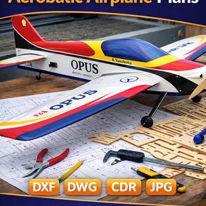 May include: A model aeroplane with a red, yellow, blue, and white colour scheme, labelled "OPUS" and "electric version." The image includes tools, blueprints, and the text "RC Model Airplane Instant Digital Download."