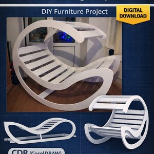 Puede incluir: Plantilla de corte láser para una tumbona con dosel blanca, para un proyecto de bricolaje. El diseño incluye un marco curvo con asiento y respaldo de listones, y un dosel. La imagen también muestra una opción de descarga digital y un archivo CDR.