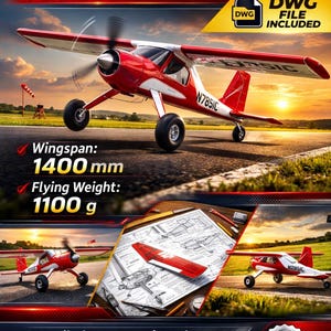 Pode incluir: Planos e plantas do avião modelo RC Wilga-80. O avião vermelho e branco tem uma envergadura de 140 cm e um peso de voo de 1100 g. Inclui arquivo DWG, planos de construção detalhados, plantas de alta qualidade e instruções passo a passo.
