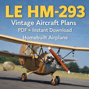Może przedstawiać: Zabytkowy, beżowy dwupłat z czerwoną i brązową śmigłem stoi na pasie startowym. Obraz zawiera tekst "LE HM-293 Vintage Aircraft Plans PDF Instant Download Homebuilt Airplane."