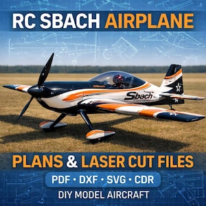Puede incluir: Un modelo de avión RC Sbach con un diseño negro, blanco y naranja. La imagen incluye el texto "RC SBACH AIRPLANE" y "PLANS & LASER CUT FILES". El modelo de avión tiene una hélice y está sobre una superficie cubierta de hierba.