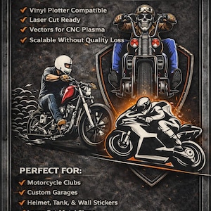 May include: A graphic design pack titled "Biker Vector Pack" with illustrations of motorcycles and riders. The image includes text indicating compatibility with vinyl plotters, laser cutting, and CNC plasma, suitable for motorcycle clubs and custom garages.