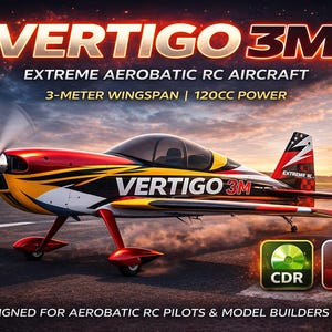 May include: A red, yellow, and black Vertigo 3M extreme aerobatic RC aircraft with a 3-meter wingspan. The image includes the text "VERTIGO 3M" and "EXTREME AEROBATIC RC AIRCRAFT". The aircraft is designed for aerobatic RC pilots and model builders.