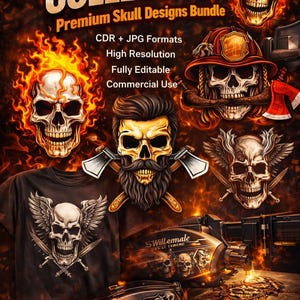 Könnte beinhalten: Eine digitale Kunstsammlung mit Schädeldesigns. Das Bild zeigt verschiedene Schädelillustrationen mit Flammen, Äxten und Flügeln, geeignet für Biker-Designs, T-Shirts und Aufkleber. Der Text enthält "SKULL VECTOR COLLECTION" und "Premium Skull Designs Bundle."